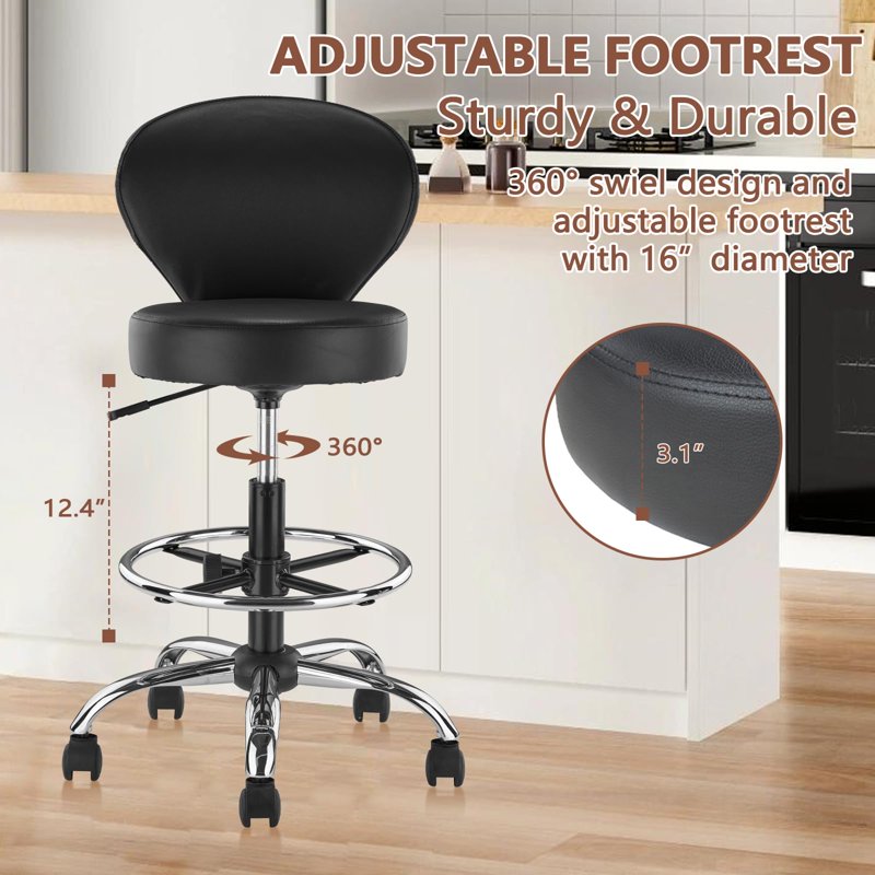Drafting Chair Rolling Swivel Stool with Back Support & Foot Rest - Adjustable Hydraulic Office & Salon Stool