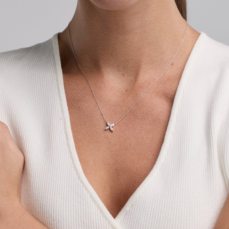 Lab-Grown Diamond Floral Pendant Necklace in Sterling Silver for Women - 1/5 Ct