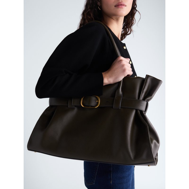 Women's Faux Leather Tote Bag with Buckle - Burnt Rosemary & Black