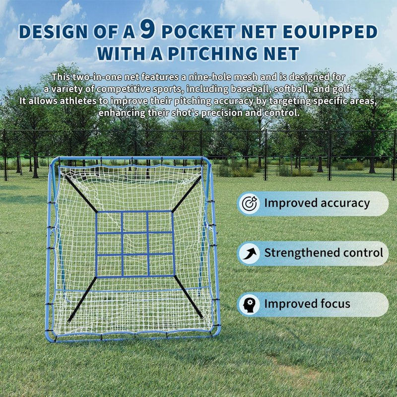 Baseball Rebounder Net with Batting Target, Adjustable Angle, 5x4 ft, Blue