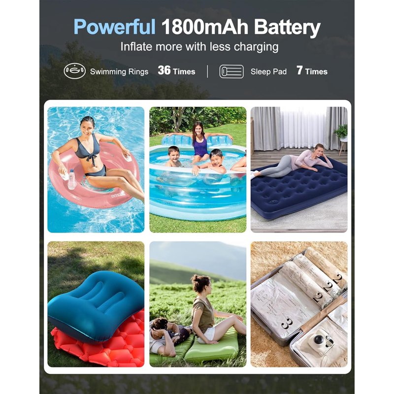 Mini Portable Air Pump for Inflatables with 5 Nozzles & Camping LED Light