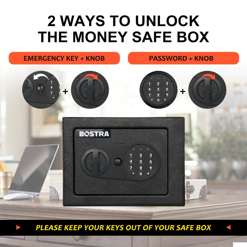 Digital Safe Box with Alarm Sensor Light & Fireproof Bag, 9x6.6x6.5 inch, Black