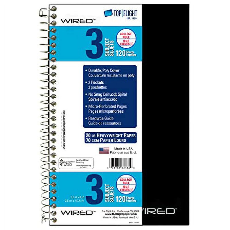 Wired 3-Subject Notebook with 120 Sheets - School Office Supplies