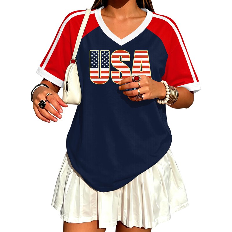 USA Soccer Jersey for Women - V-Neck Short Sleeve, Blue, L (Dark Blue, M variation)