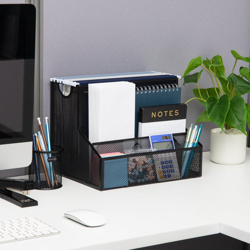 Desktop Organizer with 4 Compartments - Metal File and Office Supplies Storage