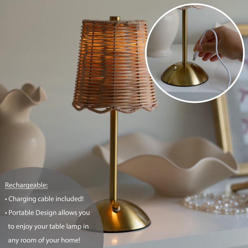 Cordless Rattan and Gold Table Lamp with Touch Dimmer - Home Decor
