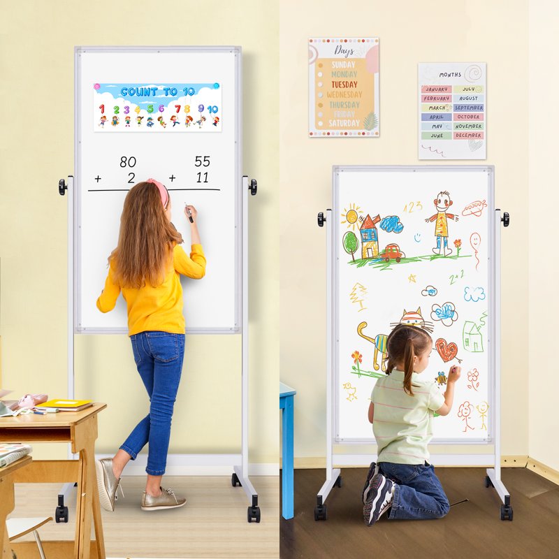 Adjustable Magnetic Whiteboard on Wheels - 48 x 24 Double-Sided Mobile Easel for Office & Classroom