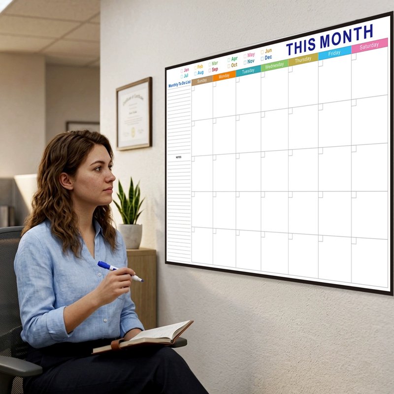 Large Wall-Mount Dry Erase Calendar 48x32 Inch Whiteboard with Marker Tray