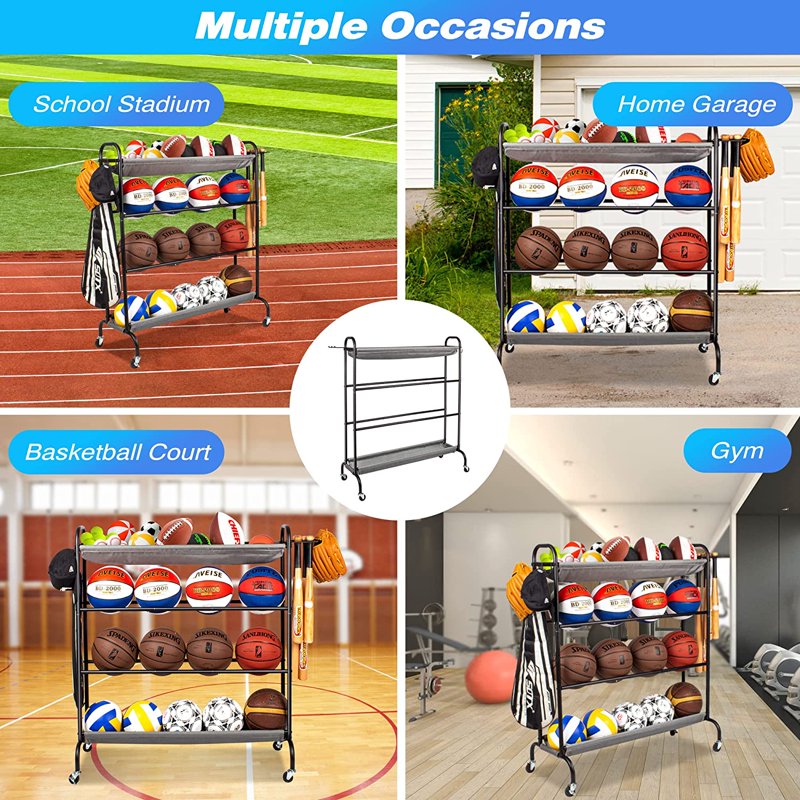 Multi-Layer Ball Storage Rack with Hooks & Bat Holder - Rolling Sport Equipment Organizer