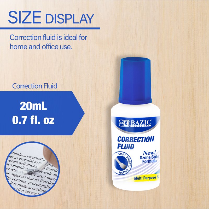 Bazic Correction Fluid, 0.7 fl oz (20 mL) Bottle – 2 Count with Bristle Brush