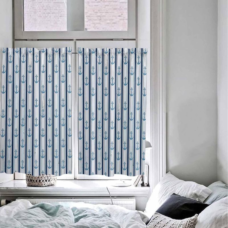 Navy Blue Nautical Short Curtain Panels 54 Inch Rod Pocket Window Treatments - Set of 2