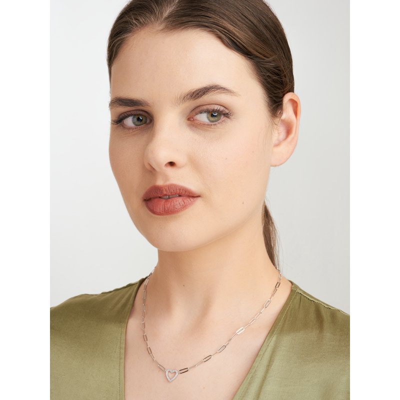 Sterling Silver Cubic Zirconia Heart Paperclip Necklace 18 Inches, Gift-Ready