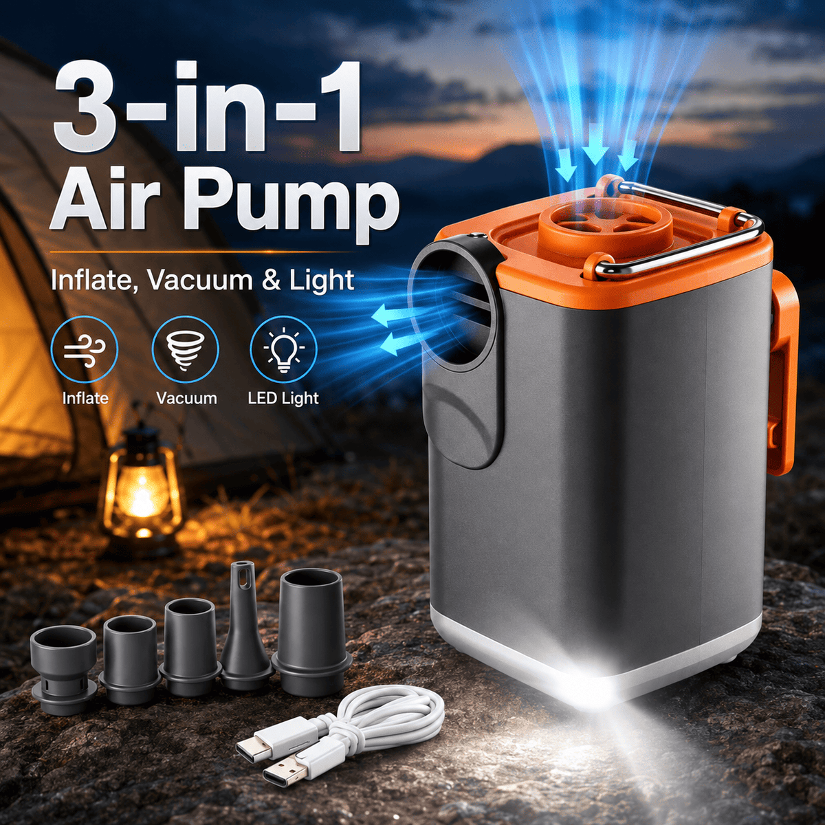 Portable Air Pump for Inflatables with Nozzles, Rechargeable Camping Light