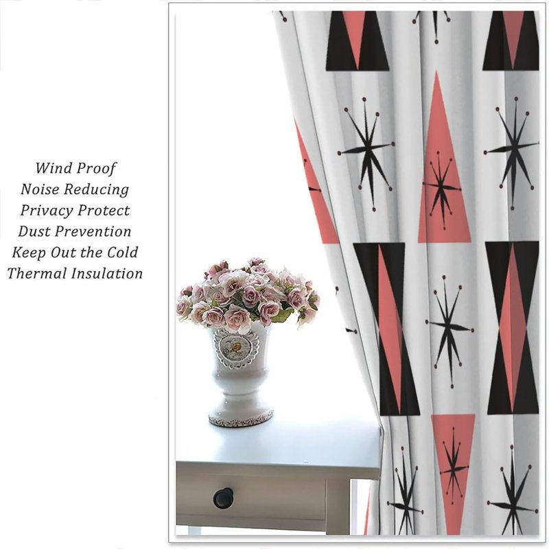 Retro 50s Atomic Pattern Curtains - Black, White, Coral Pink - Window Treatments, Thermal Insulated, 2 Panel Sets