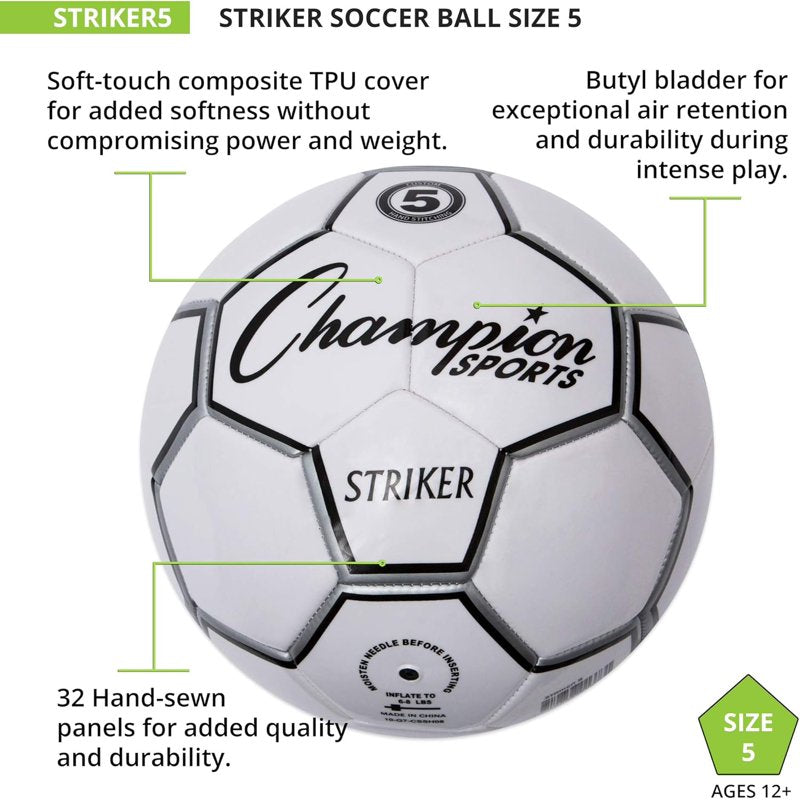 Champion Sports Striker Soccer Ball Size 5 - Black/White PU Cover, 32 Panels