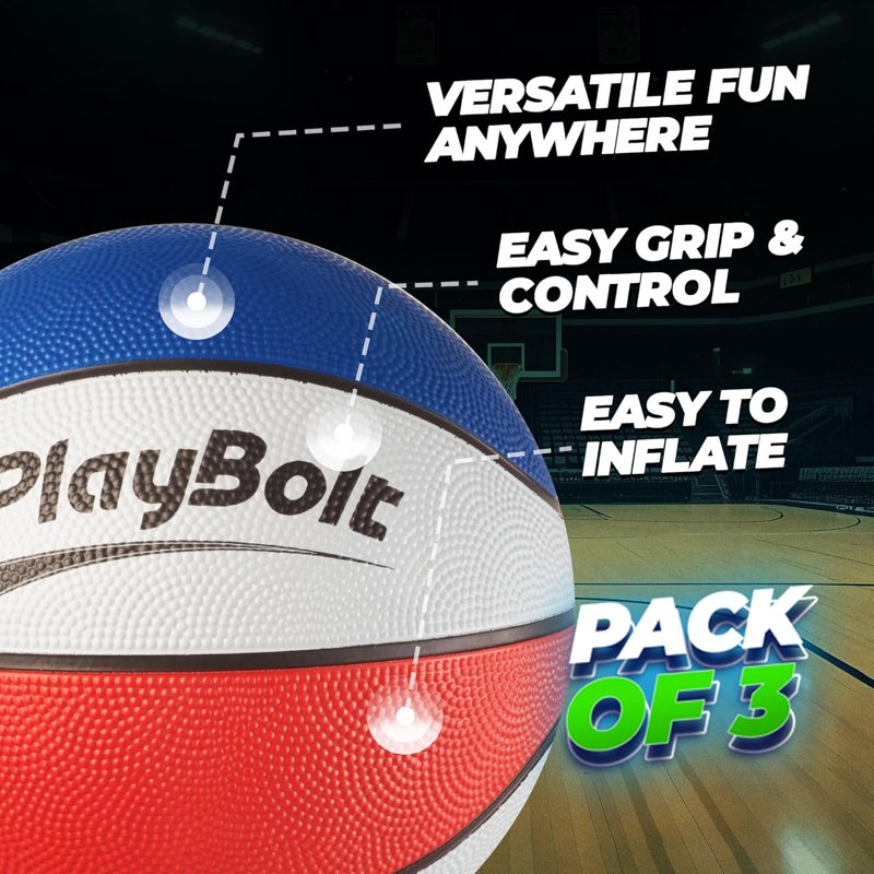 Mini Basketball Set 3 Pack - 7 Inch Youth Rubber Basketballs with Hand Pump for Indoor & Outdoor Play