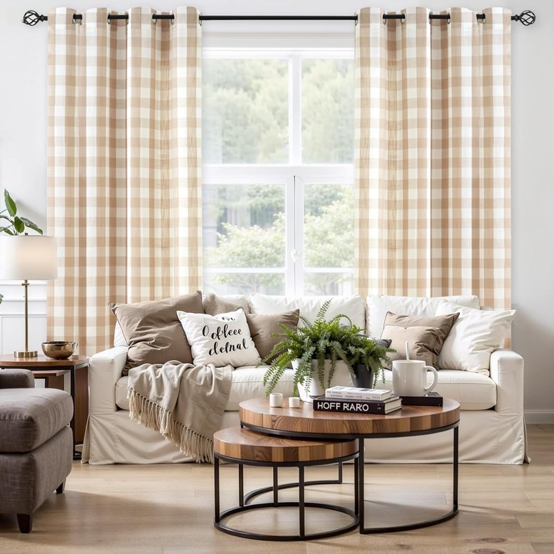 Buffalo Check Semi Sheer Curtain Panels Gingham Farmhouse Window Drapes 52x63