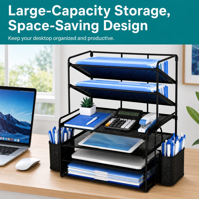 6-Tier Metal Desk Organizer with File Trays & Pen Holders - Office & Home