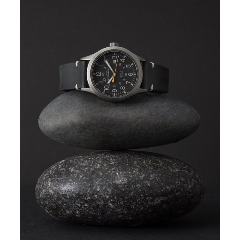 Men's Black Leather Strap Watch with Date and Indiglo Light - 40mm