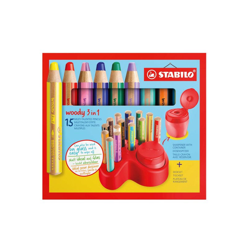 STABILO Woody 3-in-1 Multi-Talented Pencil Desk Set — 15 Pencils + Sharpening Container