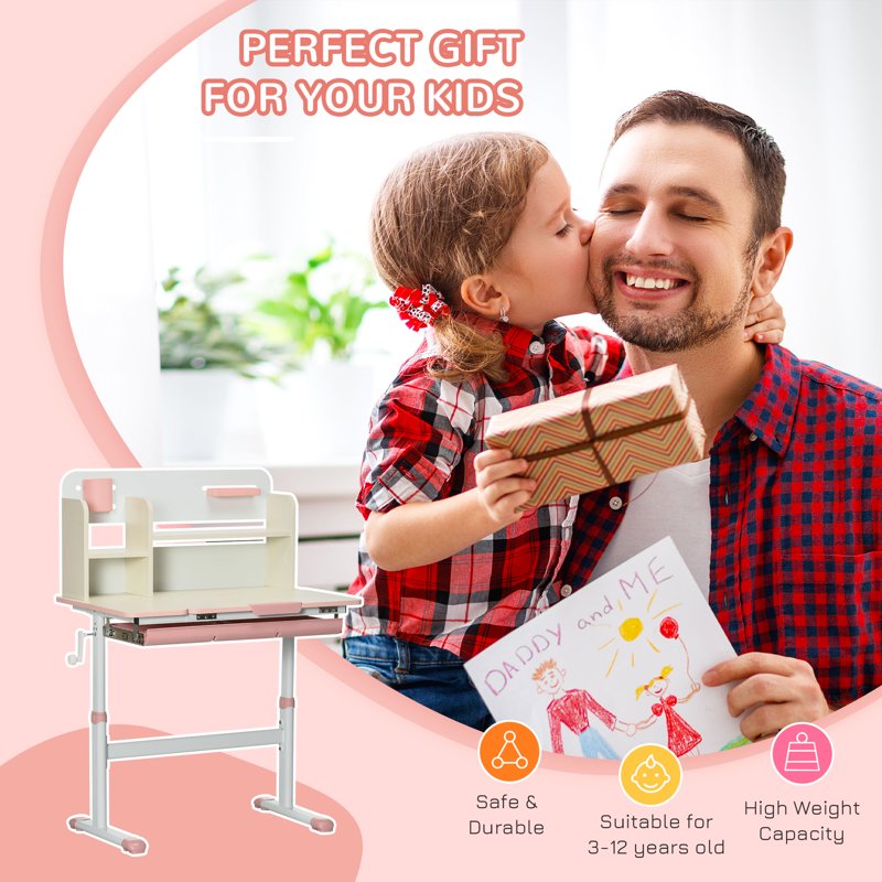 Height Adjustable Kids Desk with Storage & Tilt-Top Surface - Pink
