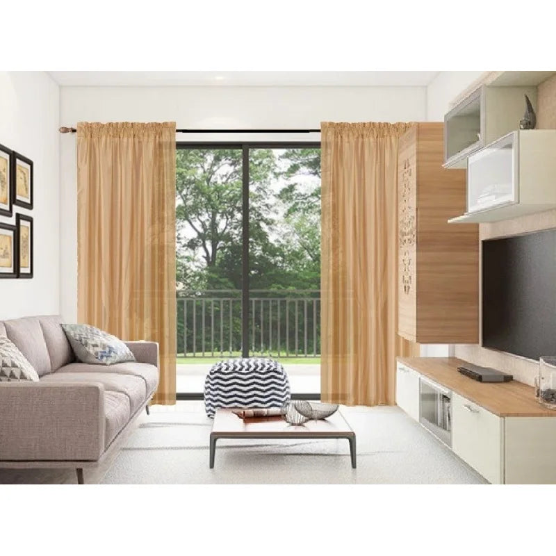 Semi-Sheer Faux Silk Window Curtains Set - Gold 84" Length, 2-Pack
