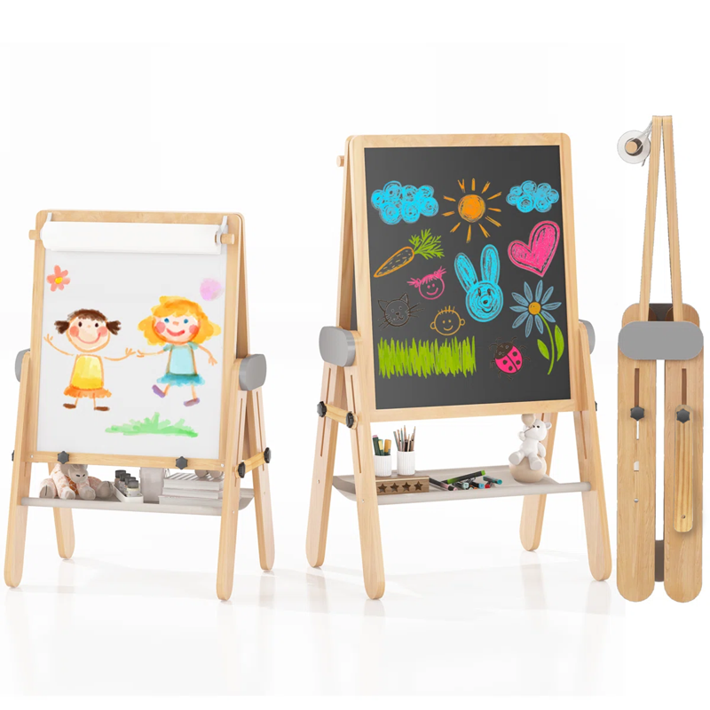 Kids Wooden Art Easel with Magnetic Whiteboard & Storage - Adjustable & Foldable