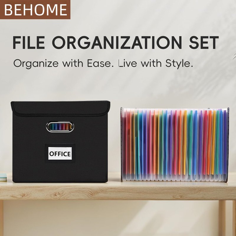Foldable File Storage Box with Lid - Office & Home Organizer, Black