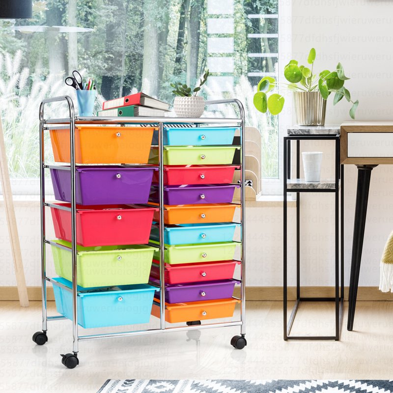 15-Drawer Rolling Storage Cart with Multicolor Opaque Plastic Drawers and Casters