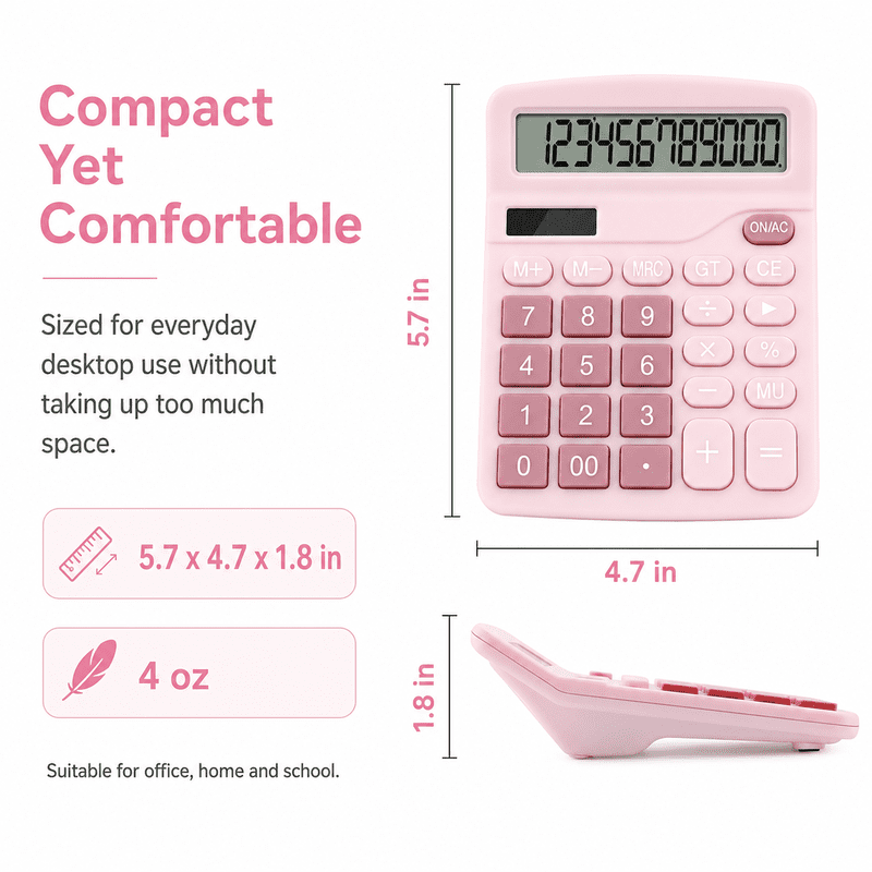 12-Digit Desktop Calculator with Large LCD Display - Solar & Battery Powered Office Math Tool