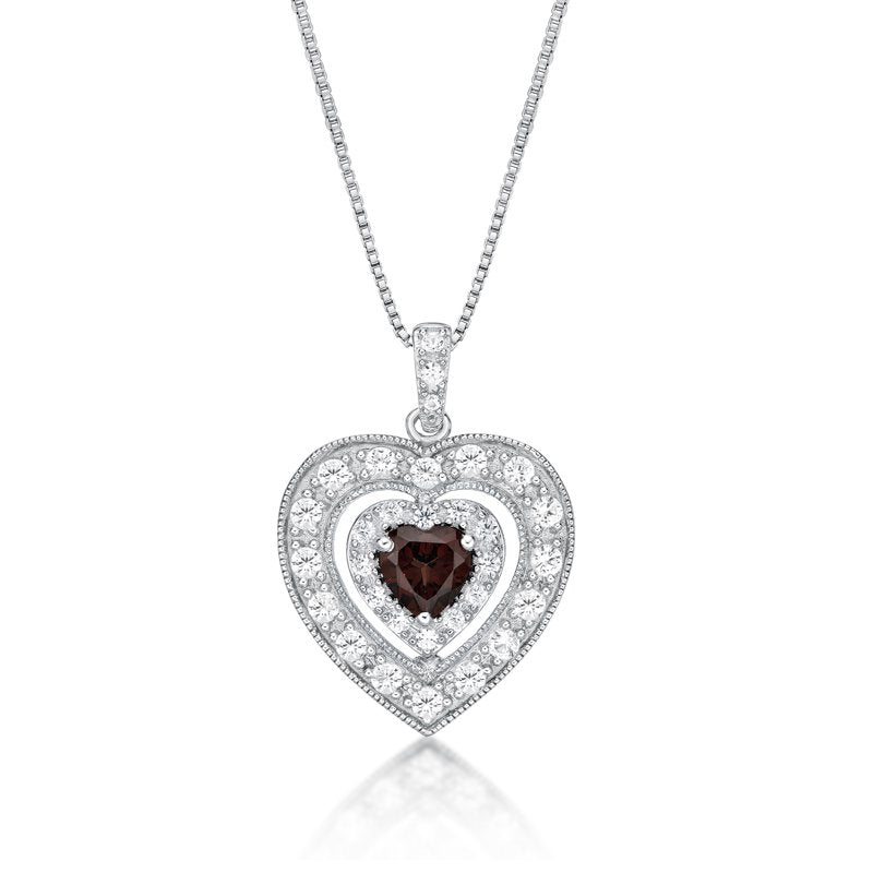 Sterling Silver Heart Pendant Necklace with Garnet and White Sapphire - Gift Ready