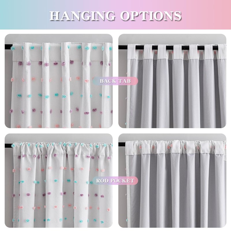 Blackout Curtains 52 x 84 Inches Pack of 2 with Sheer Pom Pom Double Layer