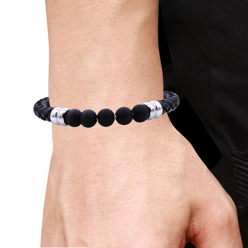 Men's Onyx Beaded Leather Bracelet - Stainless Steel Adjustable 8.5"