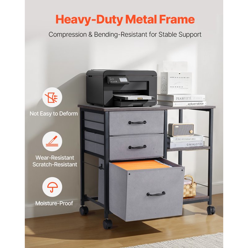 Metal File Cabinet with 3 Fabric Drawers & Open Shelves - Mobile Office Storage
