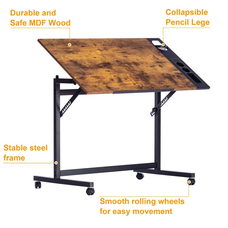 Adjustable Drafting Table with Wheels and Pencil Ledge - Art & Craft Desk