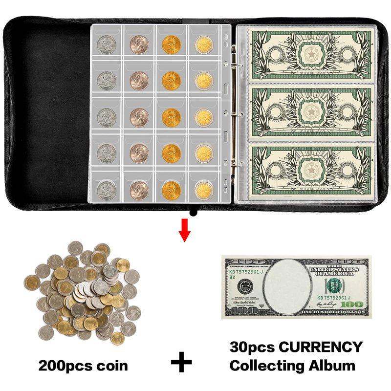 Coin Collection Album Holder with 200 Pockets & Paper Money Display Case