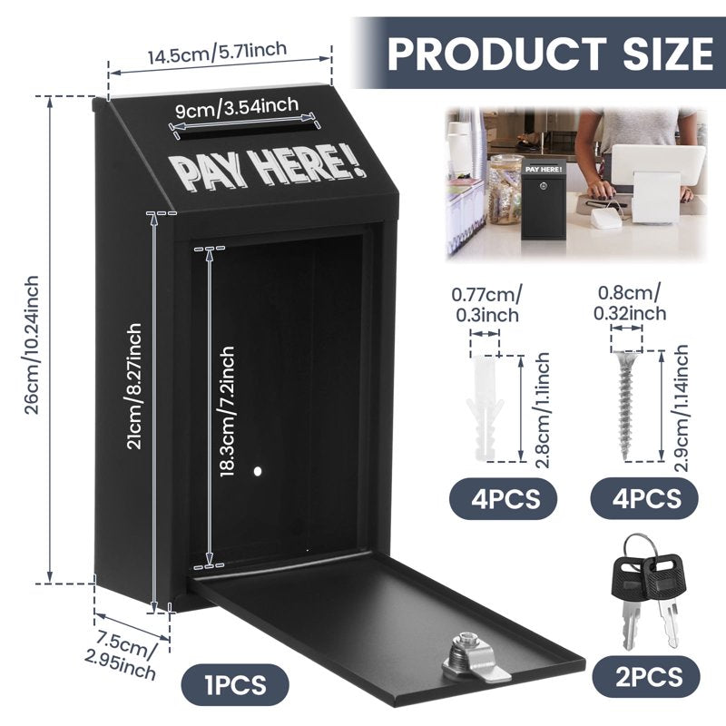 Wall Mounted Metal Donation Box with Lock and Keys for Secure Cash and Suggestion Collection