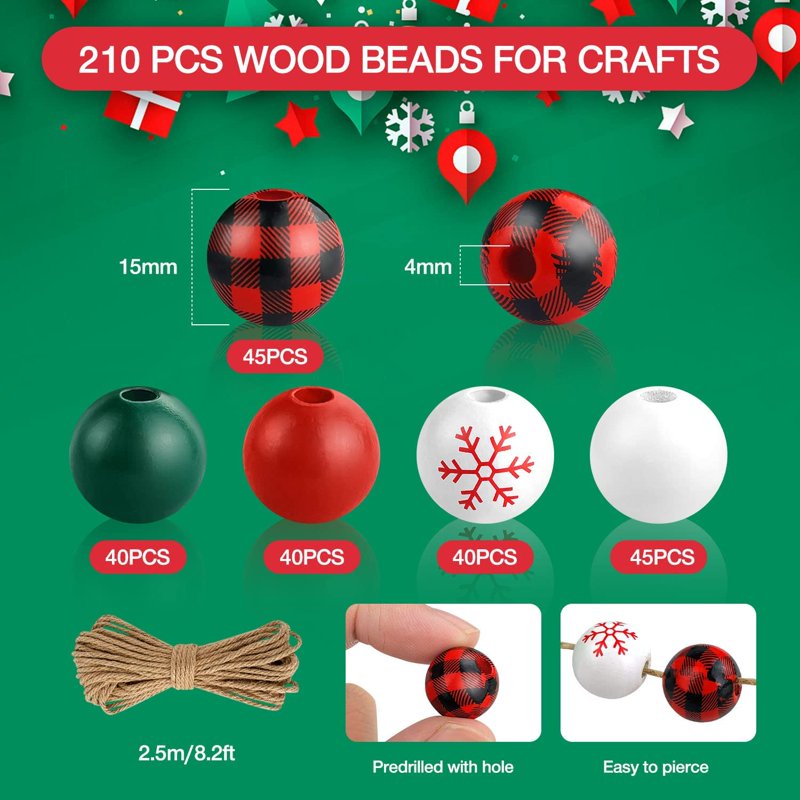 Christmas Wooden Beads Set 210 Pcs with Hemp Rope for Holiday DIY Crafts and Jewelry