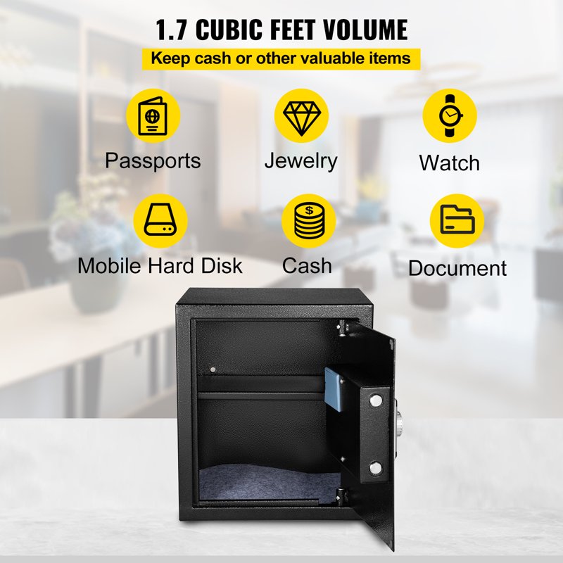 48 L Security Safe with Key, Fingerprint & Password Lock - Black