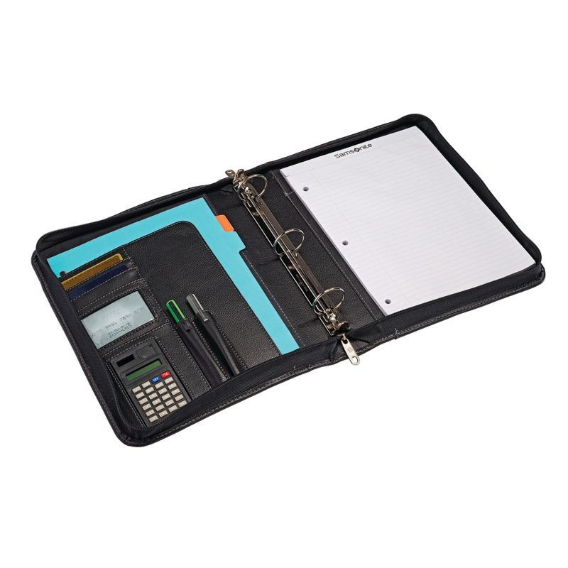 Zip-Around Vinyl Padfolio with 3-Ring Binder, Notepad & Pen Loop - Black