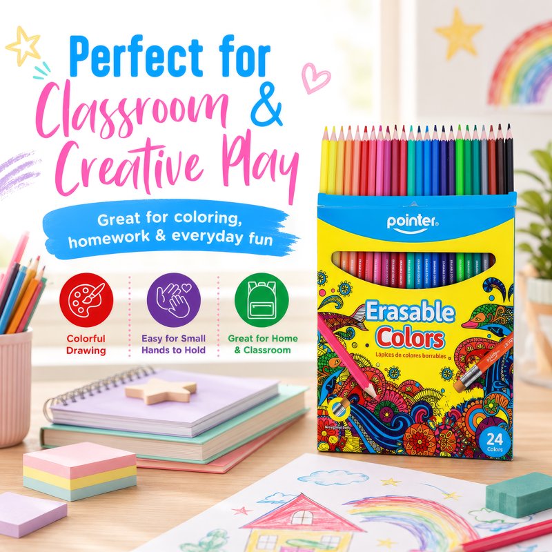Erasable Colored Pencils Set - 24 Vibrant Art & School Drawing Supplies