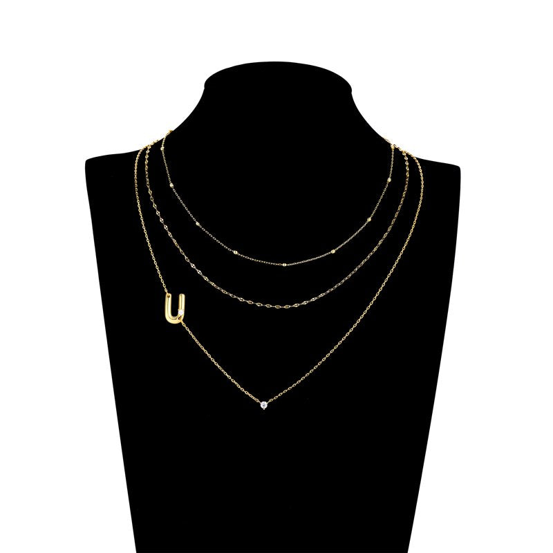 Initial Necklace Set in 14K Gold Flash Plated with Cubic Zirconia, Multiple Charms