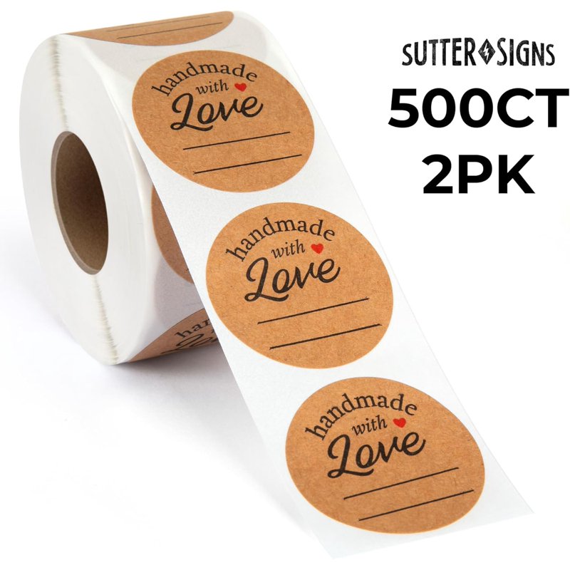 Handmade with Love Kraft Stickers - 1000pcs 1.5 Inch Labels for Gifts & Crafts