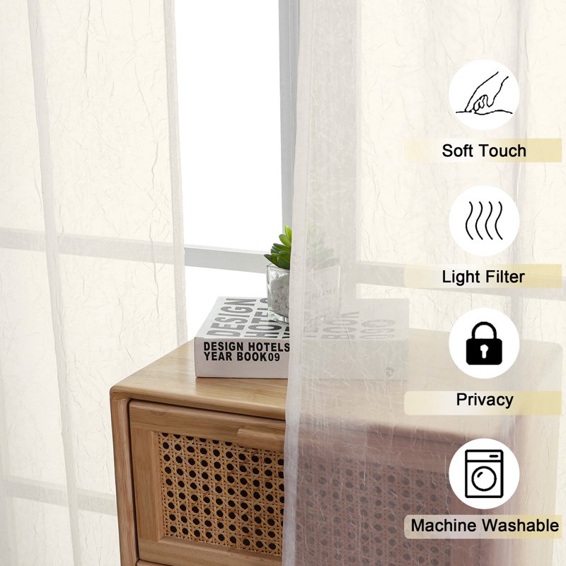 Ivory Crushed Sheer Curtains Set - Light Filtering Voile Drapes for Living Room and Bedroom