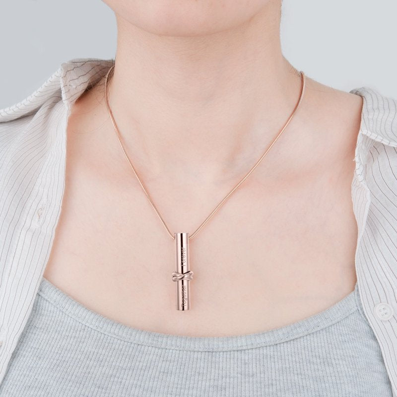 Rose Gold Memorial Necklace with Cylinder Ashes Container - Discreet Cremation Jewelry