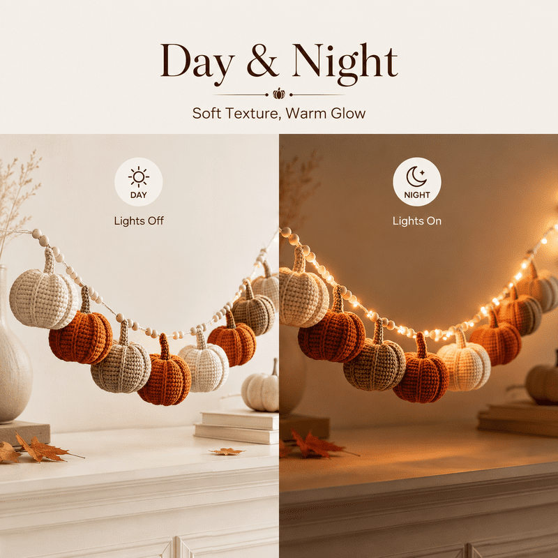 Fall Pumpkin Garland Lights 5.9 Ft Crochet String Decor for Mantel Wall Halloween Thanksgiving