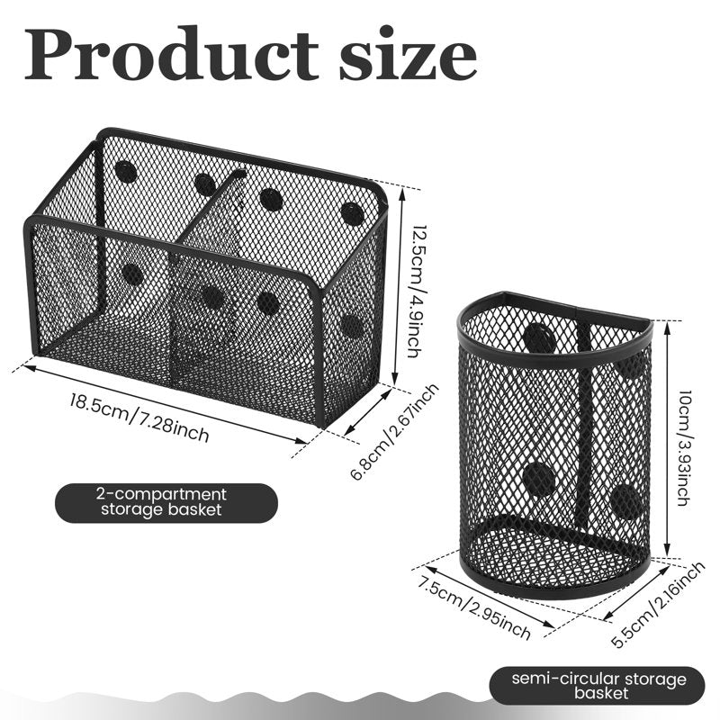 Magnetic Pen Holder & Desk Organizer Set with Metal Mesh Baskets - Black