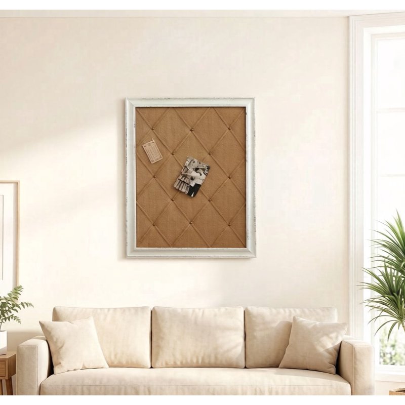 Antique White Linen Fabric Bulletin Board with Wooden Frame - Large Wall Memo & Message Board
