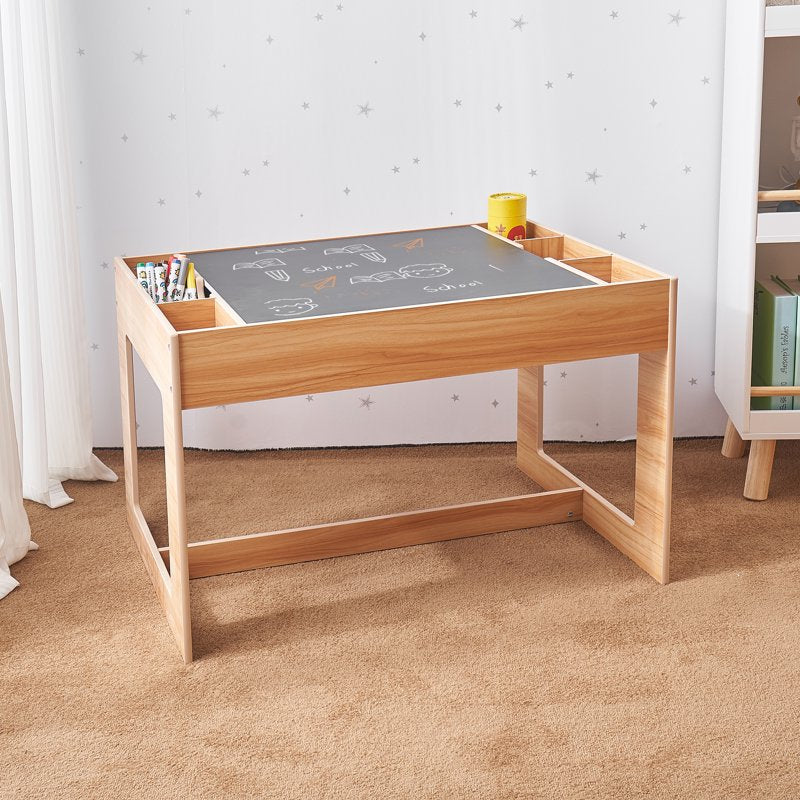 Kids Activity Table with Reversible Chalkboard and Building Block Storage - Natural Finish