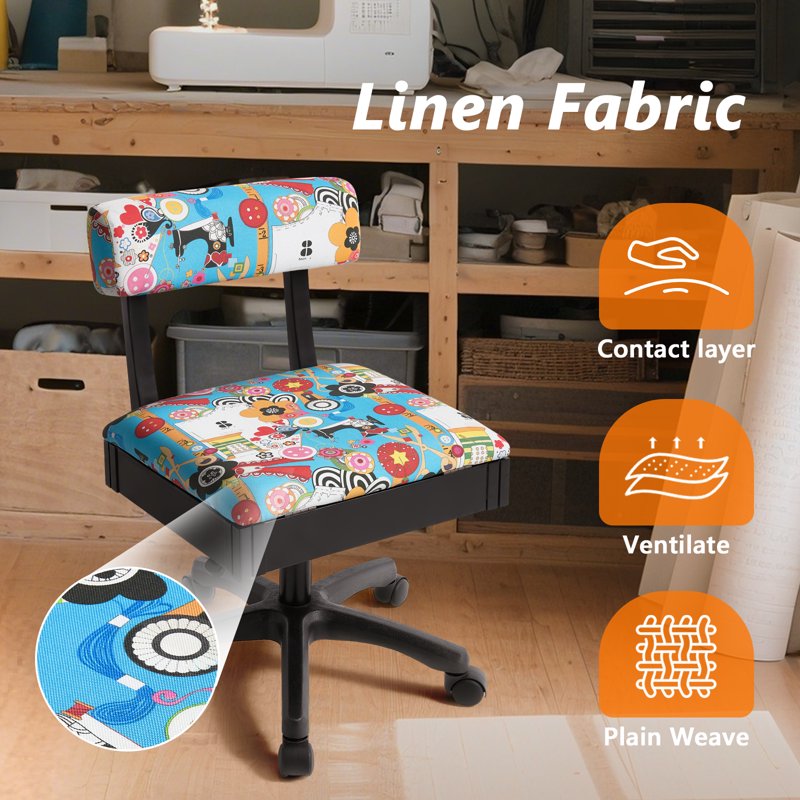 Hydraulic Armless Sewing Chair with Adjustable Height and Under Seat Storage - Blue